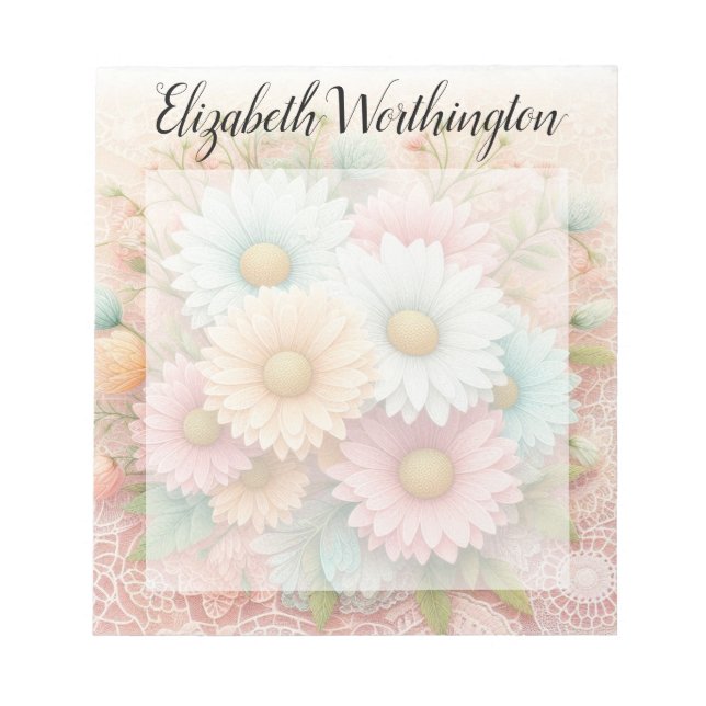 Monogram lace floral pink white blue daisies  notizblock (Vorderseite)