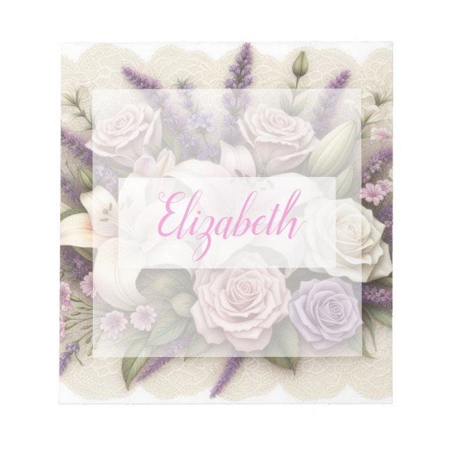Monogram lace floral purple roses lavender lilies  notizblock (Vorderseite)