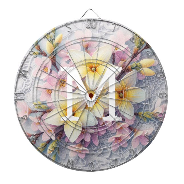 Monogram lace pink and yellow Spring flowers  Dartscheibe (vorne)