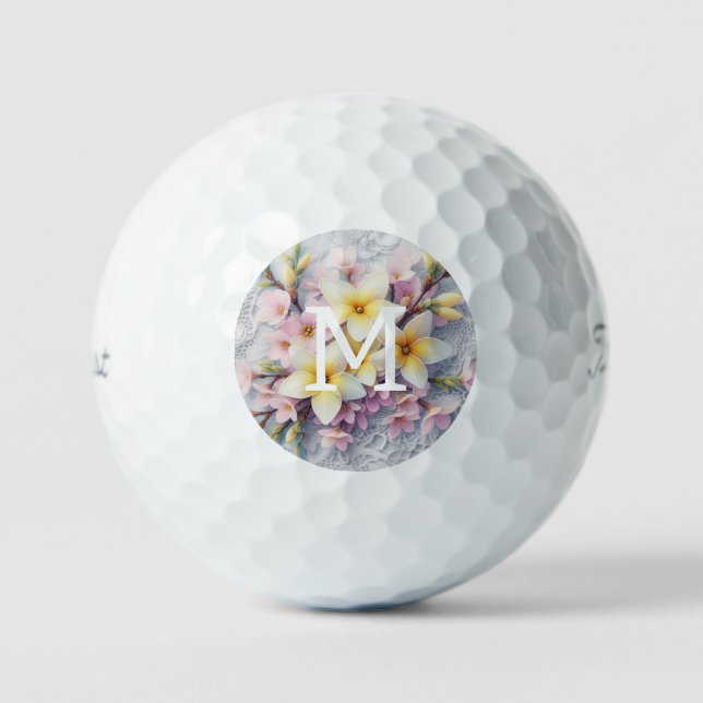Monogram lace pink and yellow Spring flowers  Golfball (Vorderseite)