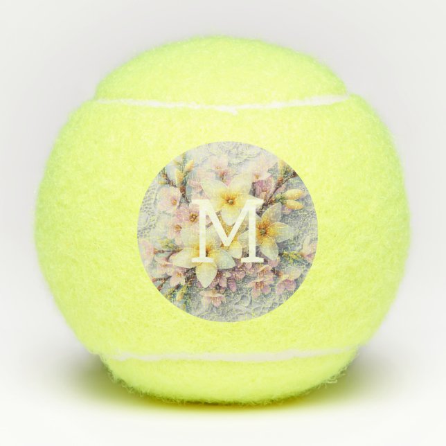 Monogram lace pink and yellow Spring flowers  Tennisbälle (Vorderseite)