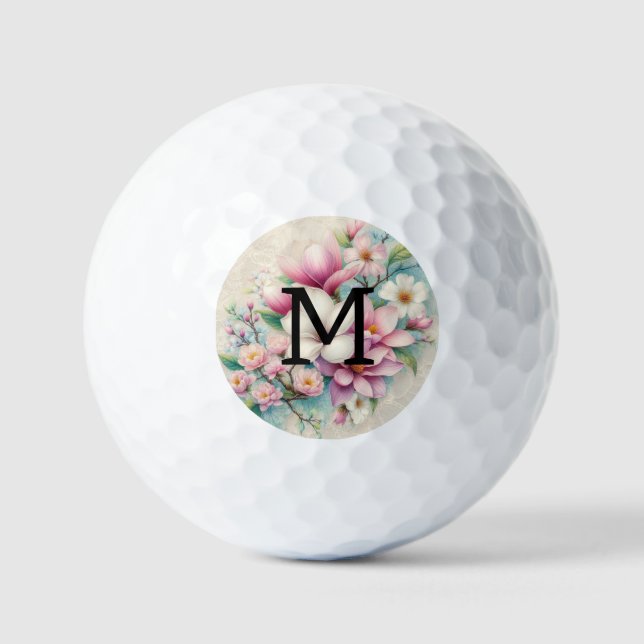 Monogram lace pink purple magnolias flowers  golfball (Vorderseite)
