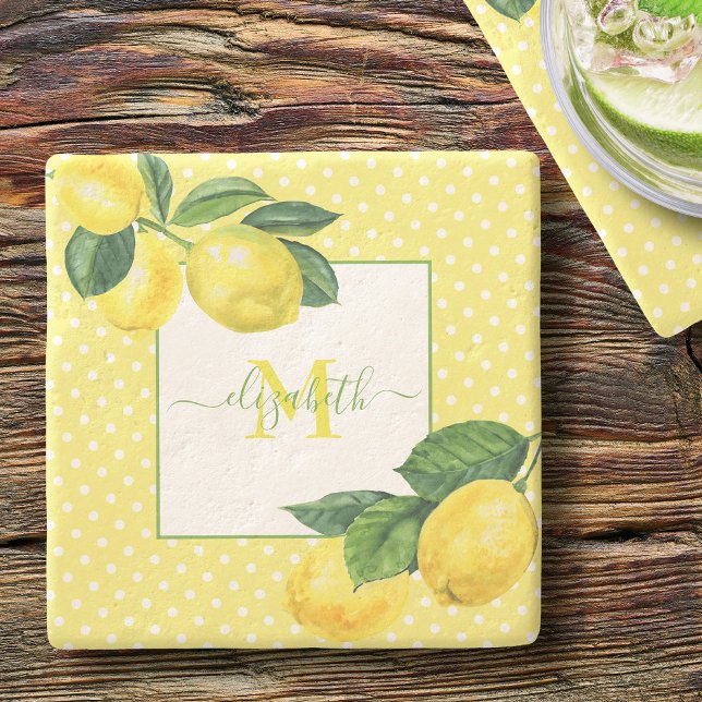 Monogram, ländlicher Lemon Aquarellpolka Punkt Steinuntersetzer (Von Creator hochgeladen)