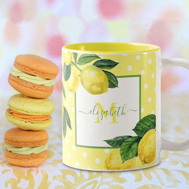 Monogram, ländlicher Lemon Aquarellpolka Punkt Zweifarbige Tasse (Von Creator hochgeladen)