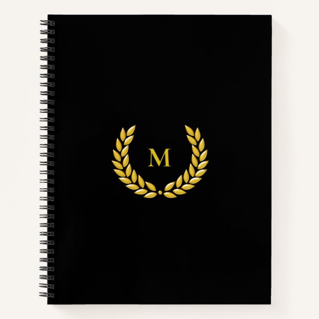 Monogram & Laurel auf Black Notebook Notizbuch (Vorderseite)
