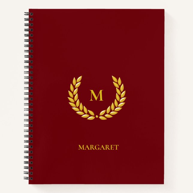 Monogram & Laurel auf Maroon Notizbuch (Vorderseite)