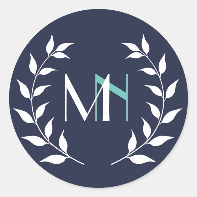 Monogram Laurel Wreath Navy Blue Runder Aufkleber (Vorderseite)