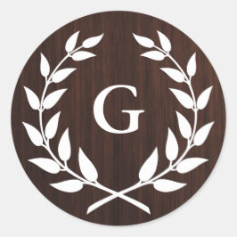 Monogram Laurel Wreath Rustic Wood Pattern Runder Aufkleber