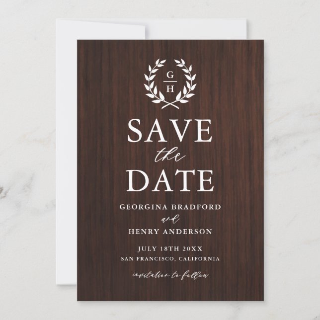 Monogram Laurel Wreath Rustic Wood Save the Date (Vorderseite)