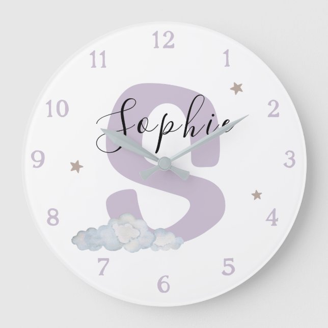 Monogram Lavender Baby Initial Name Nursery Wall Große Wanduhr (Vorderseite)
