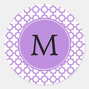 Monogram Lavender Quatrefolienmuster Runder Aufkleber