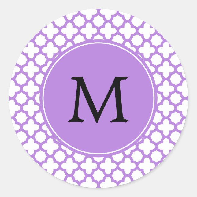 Monogram Lavender Quatrefolienmuster Runder Aufkleber (Vorderseite)