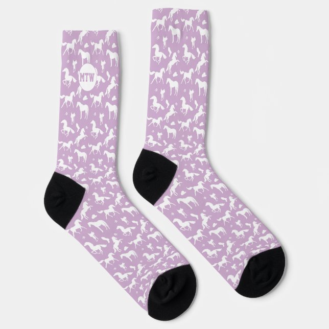 Monogram Lavender White Horse Cowboy Cowgirl Socken (Rechts)