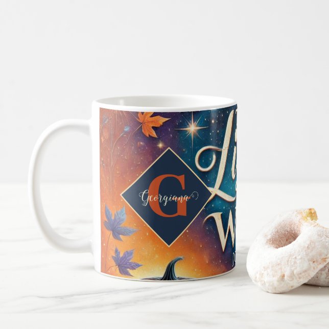 Monogram Lebendige Christliche Halloween Bibelvers Kaffeetasse (Mit Donut)