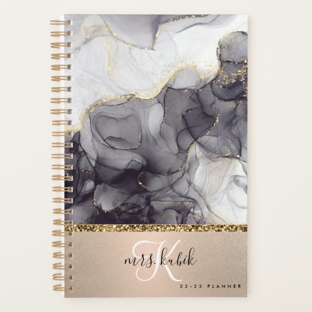 Monogram-Lehrer-Planner aus Gold und schwarzem Mar Planer (Vorderseite)