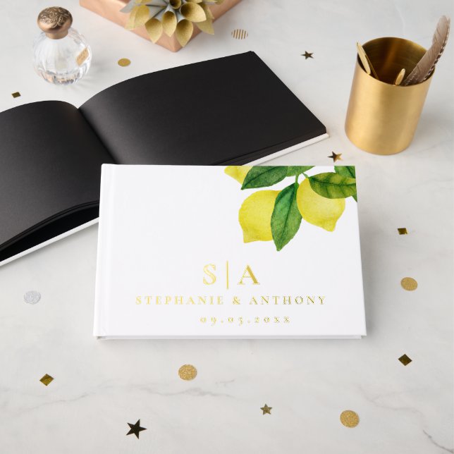Monogram Lemon Citrus Branch Greenerity Wedding Gästebuch (Vorderseite Offen)