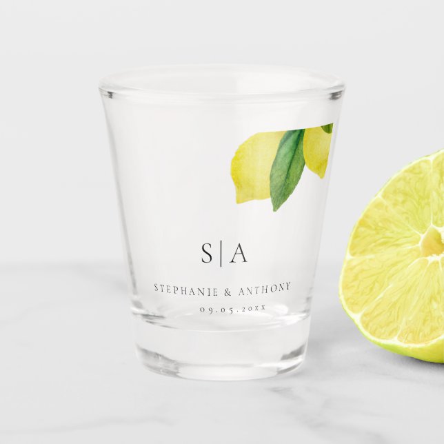 Monogram Lemon Citrus Branch Greenerity Wedding Schnapsglas (Vorderseite)