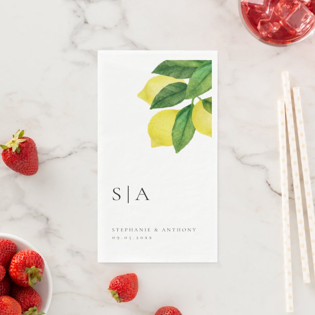 Monogram Lemon Citrus Branch Greenerity Wedding Serviette (Beispiel)