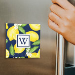 Monogram Lemon Fruit Navy Blue Magnet<br><div class="desc">Das botanische Aquarelllemon-Muster weist ein weißes,  quadratisches Monogramm auf.</div>