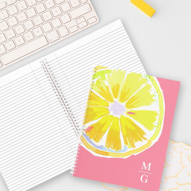 Monogram Lemon Watercolor Modern Pink Notizbuch (Von Creator hochgeladen)
