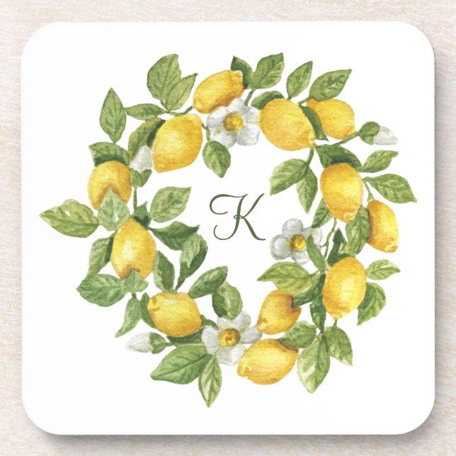 Monogram Lemons Wreath Green Yellow Getränkeuntersetzer (Vorderseite)