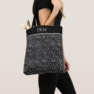 Monogram Leopard Animal Print Black Silver Grau