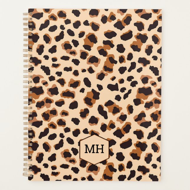 Monogram Leopard Print Brown Black Animal Weekly Planer (Vorderseite)