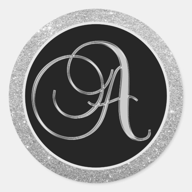Monogram Letter A Black Silver Glitzer Siegel Runder Aufkleber (Vorderseite)