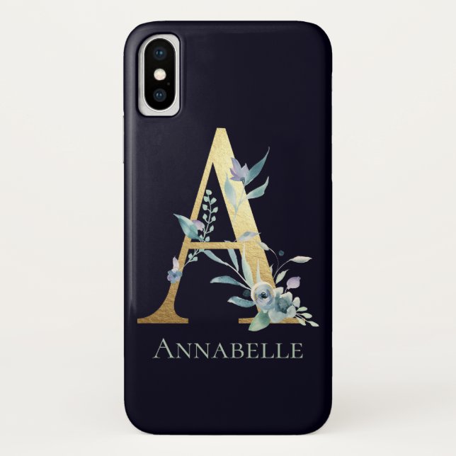 Monogram Letter A Blue Floral individuelle Name Case-Mate iPhone Hülle (Rückseite)