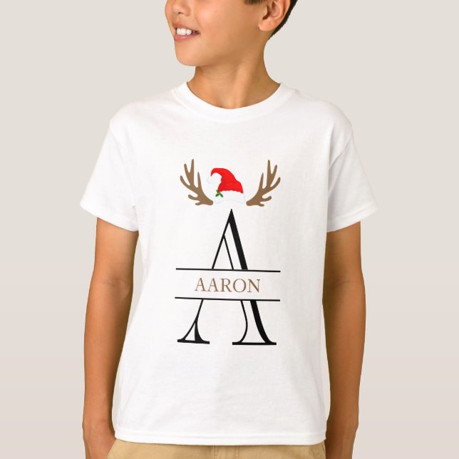 Monogram Letter A Xmas Name Antler Weihnachtsmannm T-Shirt (Vorderseite)
