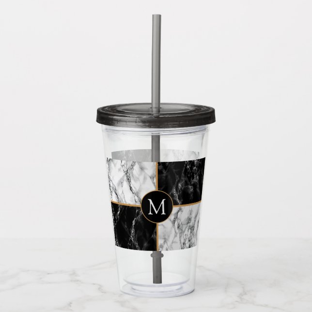 Monogram Letter Acrylic Tumbler Schwarz-weiße Marm Acryltrinkbecher (Vorderseite)