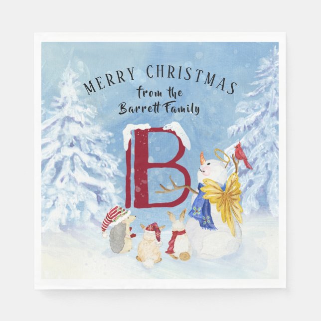 Monogram Letter B Angel Snowman Frohe Weihnachten Serviette (Vorderseite)
