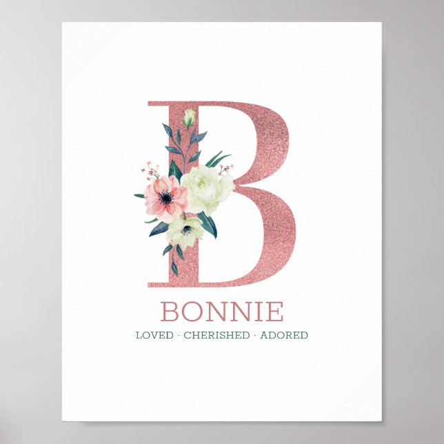 Monogram Letter B Pink Watercolor Floral Kinderzim Poster (Vorne)
