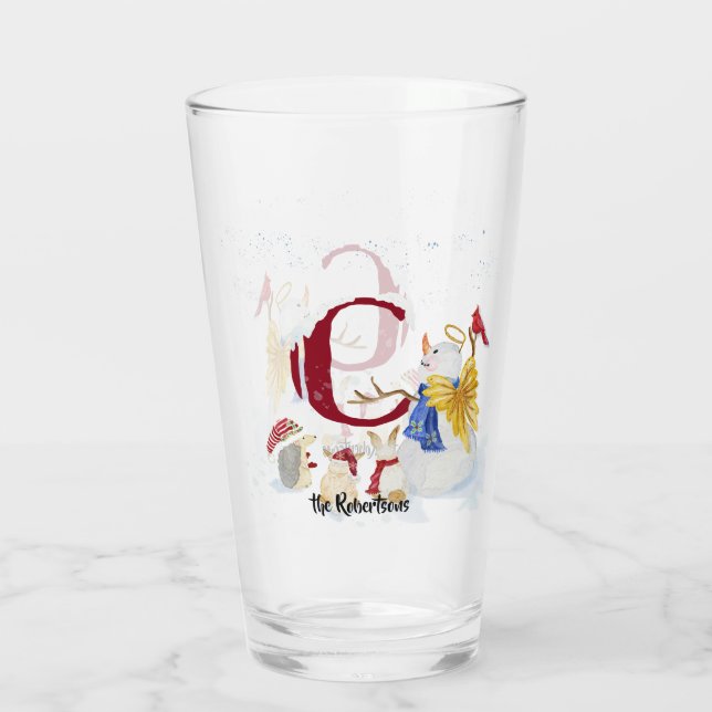 Monogram Letter C Snowy Christmas Angel Snowman Glas (Rückseite)