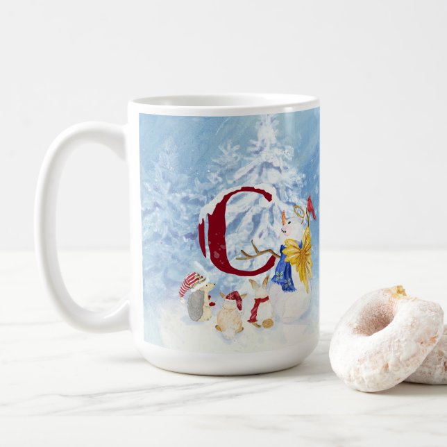 Monogram Letter C Snowy Christmas Angel Snowman Kaffeetasse (Mit Donut)