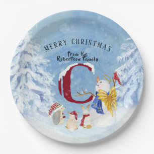 Monogram Letter C Snowy Christmas Angel Snowman Pappteller