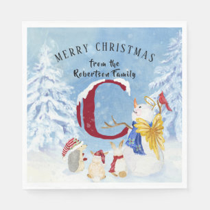 Monogram Letter C Snowy Christmas Angel Snowman Serviette