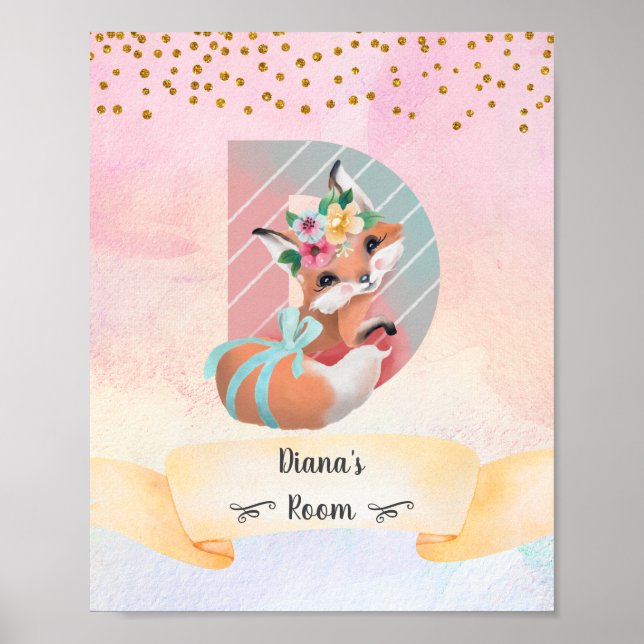 Monogram Letter D Baby Fox Girl Pink Kinderzimmer  Poster (Vorne)