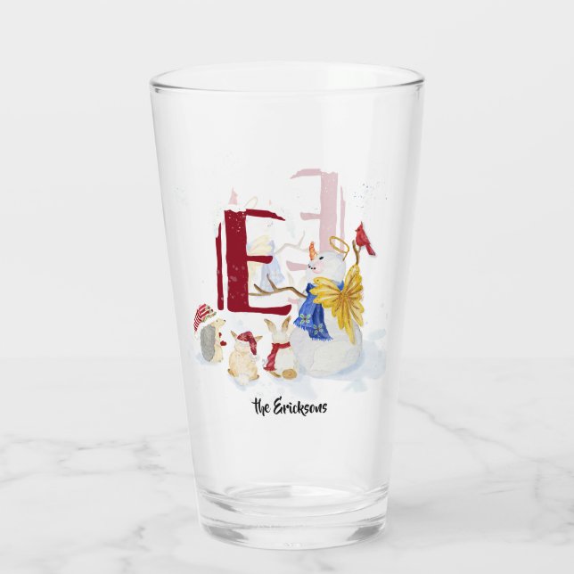 Monogram Letter E Christmas Snowman Angel Woodland Glas (Rückseite)