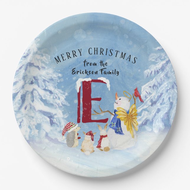 Monogram Letter E Christmas Snowman Angel Woodland Pappteller (Vorderseite)
