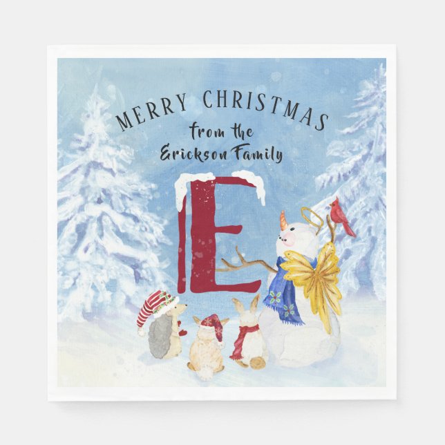 Monogram Letter E Christmas Snowman Angel Woodland Serviette (Vorderseite)
