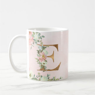 Monogram Letter E Watercolor Floral Coffee Tasse