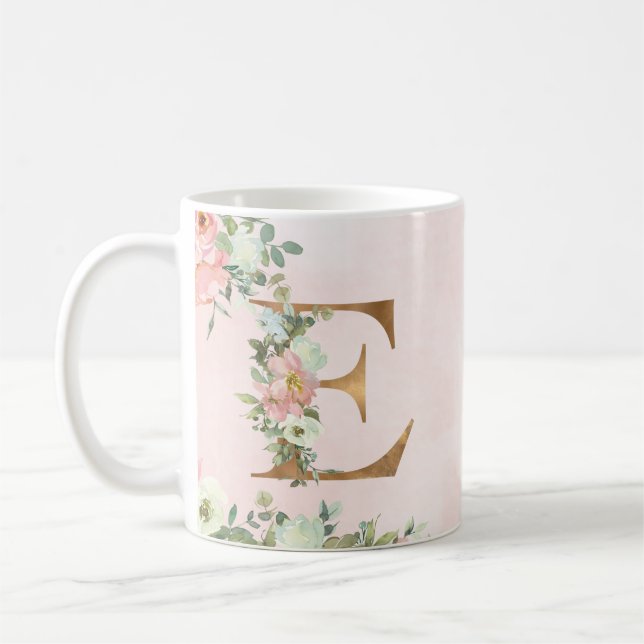 Monogram Letter E Watercolor Floral Coffee Tasse (Links)