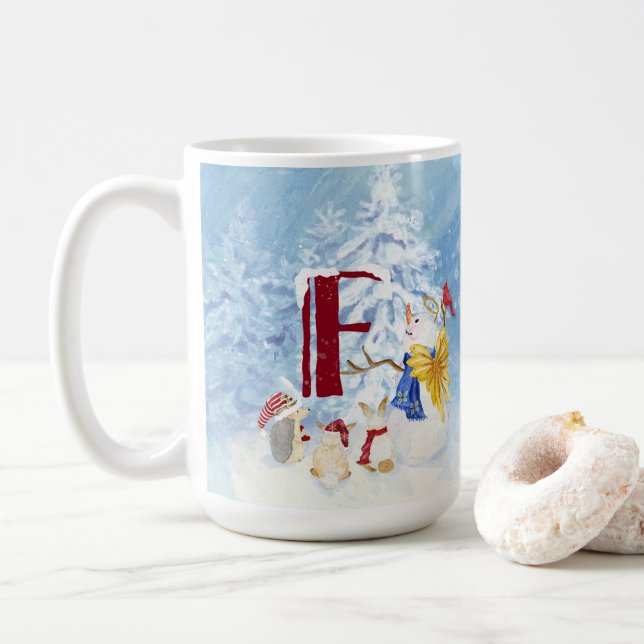 Monogram Letter F Adorable Angel Snowman Forest Kaffeetasse (Mit Donut)