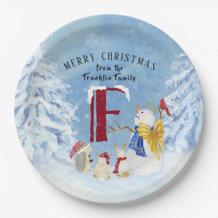 Monogram Letter F Adorable Angel Snowman Forest Pappteller