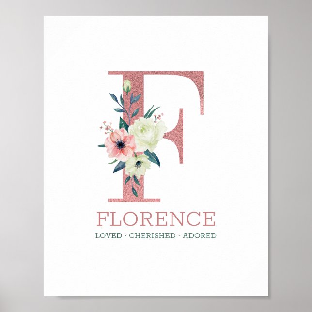 Monogram Letter F Pink Watercolor Floral Kinderzim Poster (Vorne)