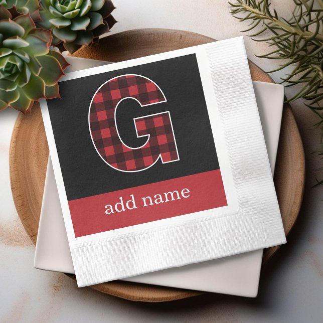 Monogram Letter G - Black and Red Buffalo Kariert Serviette (Custom Napkin)
