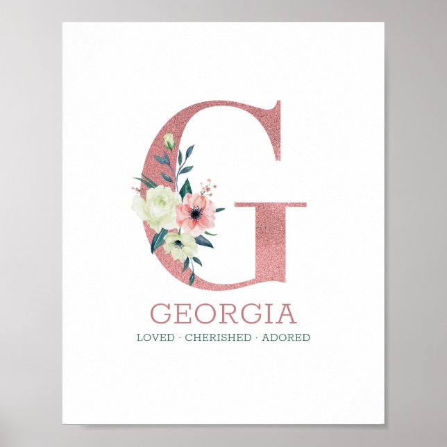 Monogram Letter G Pink Watercolor Floral Kinderzim Poster (Vorne)