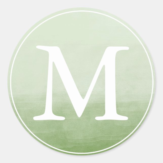 Monogram Letter Green Watercolor Ombre Runder Aufkleber (Vorderseite)