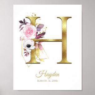 Monogram Letter H Gold Foil & Pink Floral Kinderzi Poster